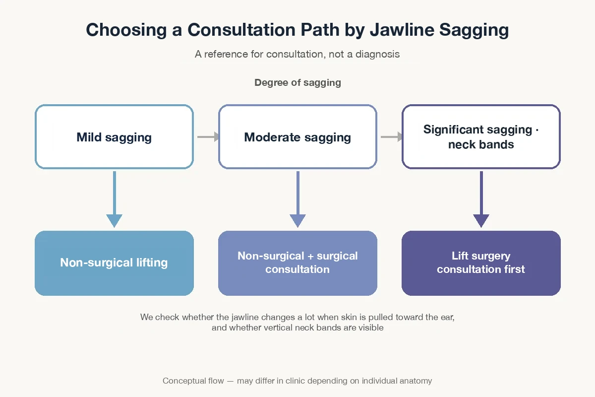 Ultherapy for men vs. surgery flowchart: choosing a consultation path by degree of jawline sagging