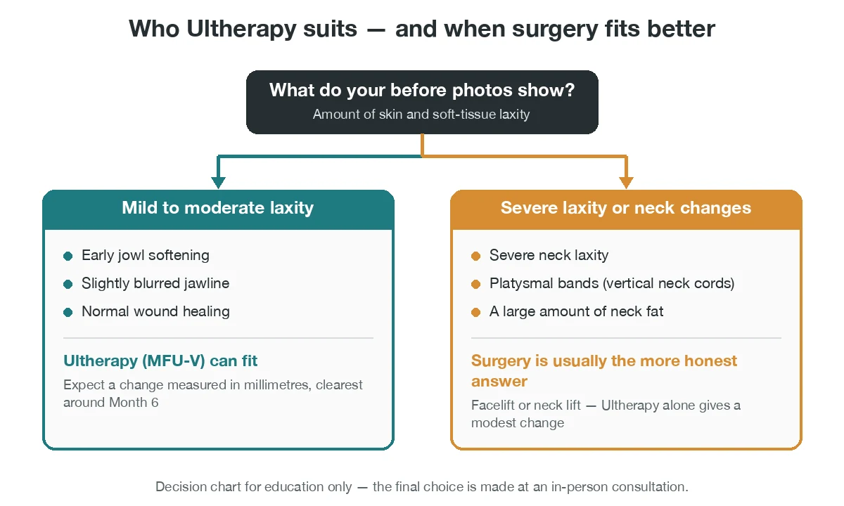 Decision chart illustration: Ultherapy for mild to moderate laxity, surgery for severe neck laxity, platysmal bands or excess neck fat
