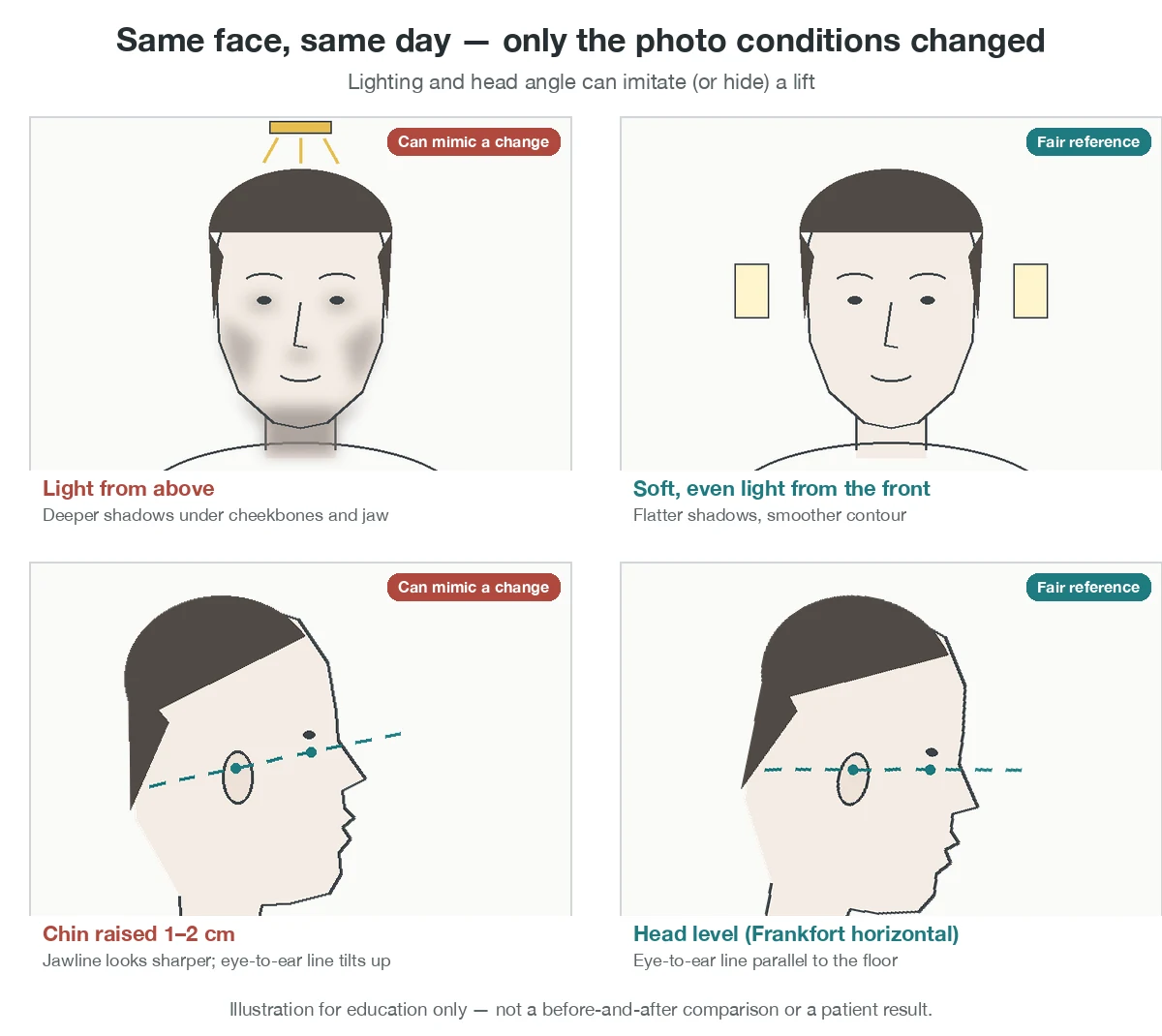 Illustration of one face under different lighting and head angles, showing how photo conditions can mimic a lift in ultherapy before and after photos