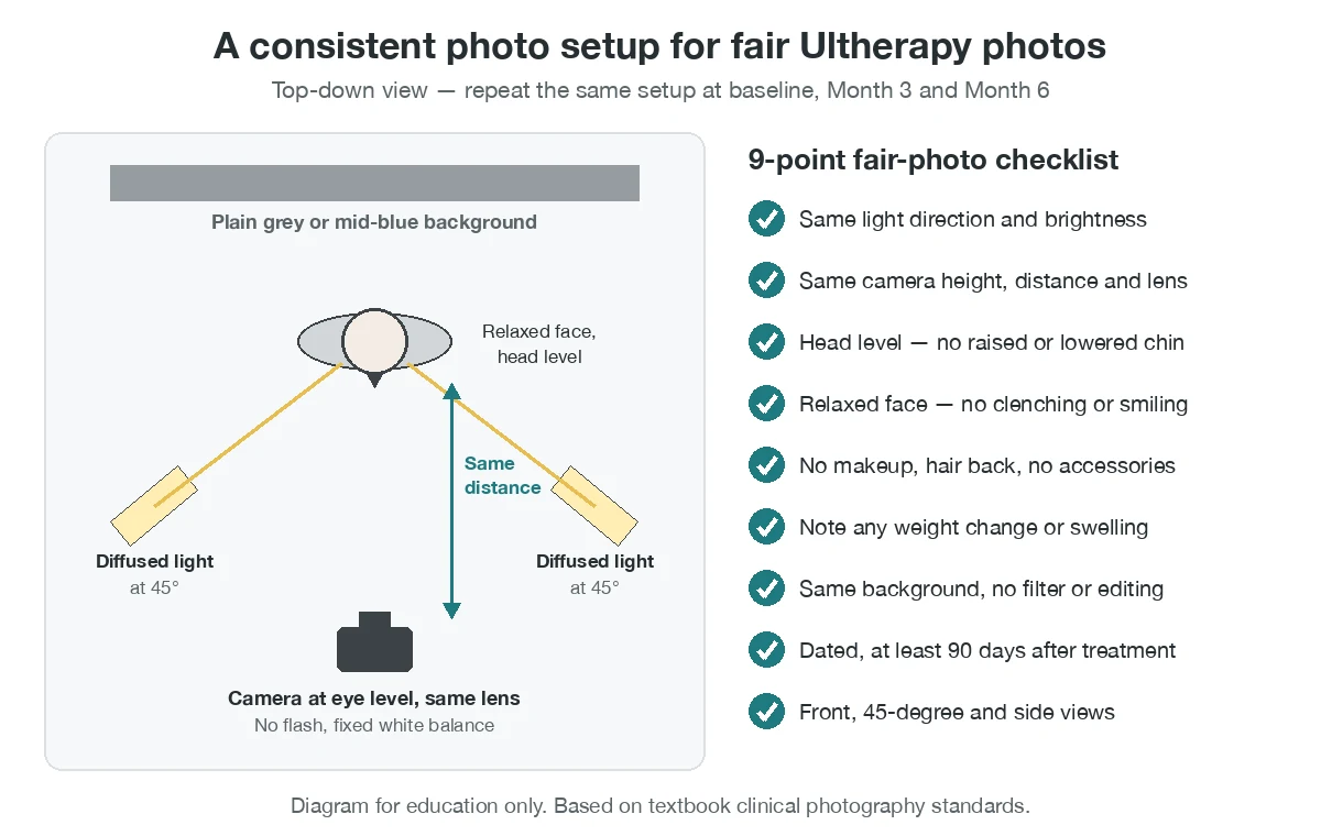 Diagram of a consistent setup for ultherapy before and after photos: eye-level camera, diffused light at 45 degrees, plain gray background and a 9-point checklist